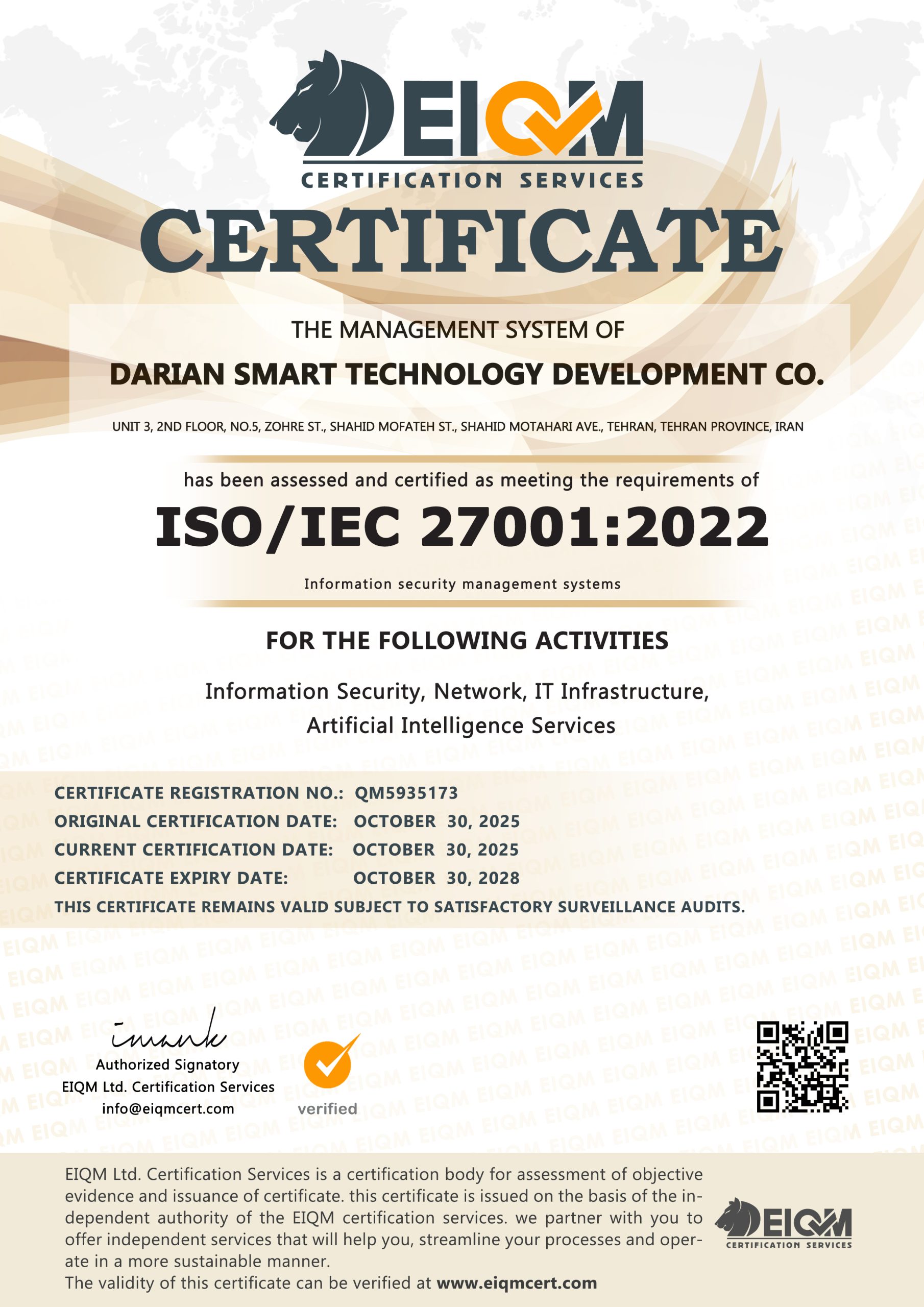 Darian Smart Technology Development Co - 27001- QM5935173