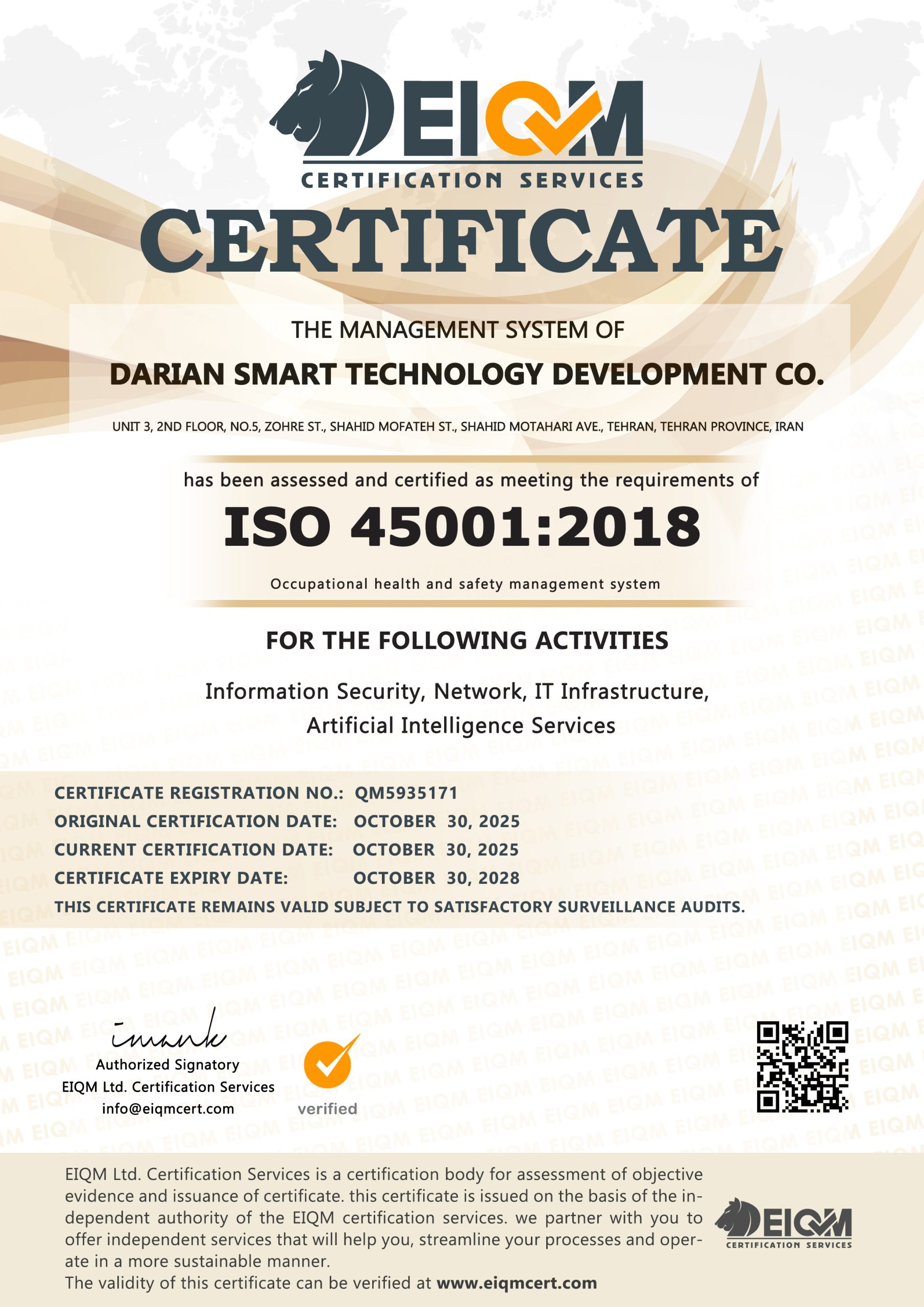 Darian Smart Technology Development Co - 45001- QM5935171